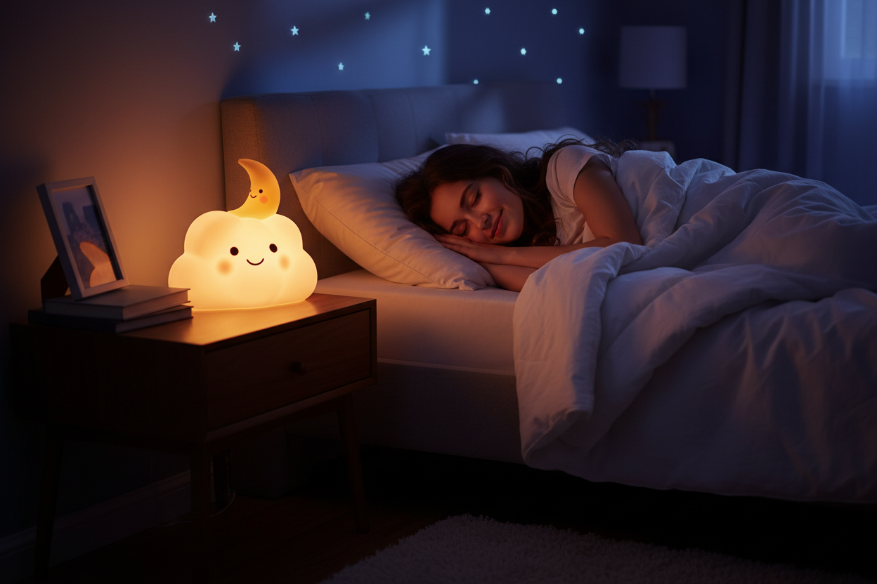 Cute night lamp glowing in dark as a teen girl sleeping in bed happily 