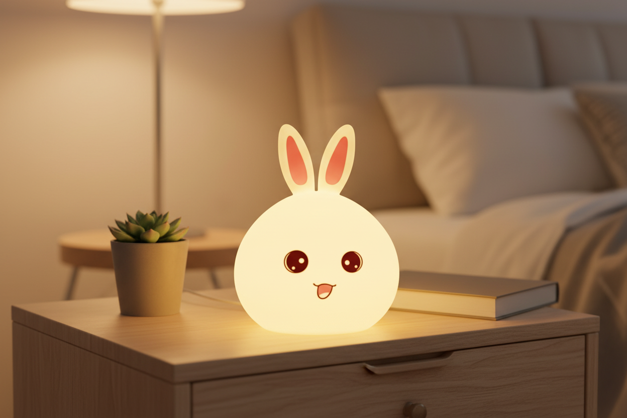 Silicone Open Eye Bunny Touch Lamp in cozy bedroom setting